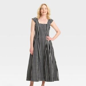 A New Day Black Plaid Poplin Fit and Flare
Midi Dress Flutter Sleeves Size 0